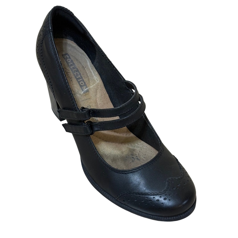 Clarks Women Mary Jane Pumps 7 Black Leather Brogue Wingtip Block Heel Academia